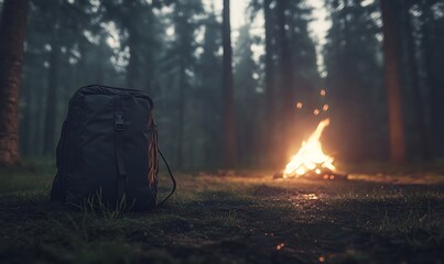 A backpack sits in the foreground near a warm, flickering campfire, surrounded by tall trees in a misty forest setting.