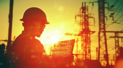 Eelectrical engineer using laptop for design (close up, focus on, copy space) vibrant screen and interface, double exposure silhouette with CAD.