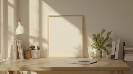 Minimalist home office desk with blank poster frame, sunlight, plant, stationery, and books.