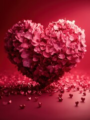 Fototapeta premium Heart-Shaped Floral Arrangement on Sparkling Rose-Colored Background