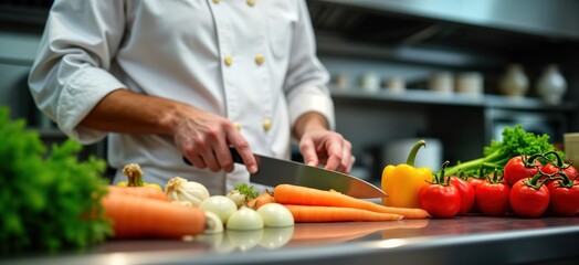 Pro chef expertly prepares fresh vegetables in restaurant kitchen. Chef meticulously cuts carrots, peppers on chopping board. Healthy, vibrant ingredients visible. Culinary preparation in well-lit