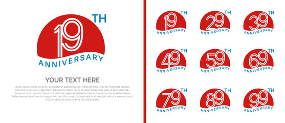 logo anniversary set. red color with half circle on white background for special event