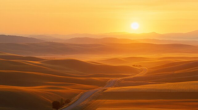 Golden hour in the Palouse region, road winds through hills under warm sunrise