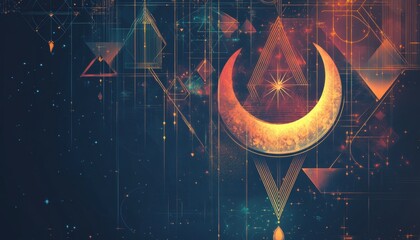 Crescent Moon and Geometric Shapes in a Cosmic Nightscape