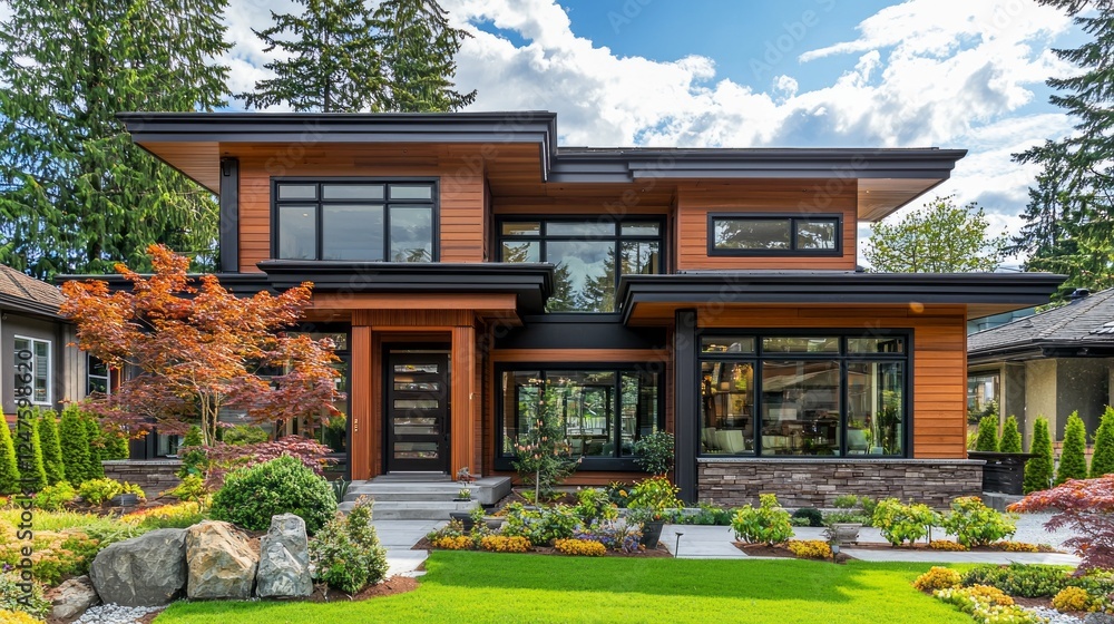 Poster a stunning modern residence features sleek wood and stone accents, surrounded by vibrant landscaping