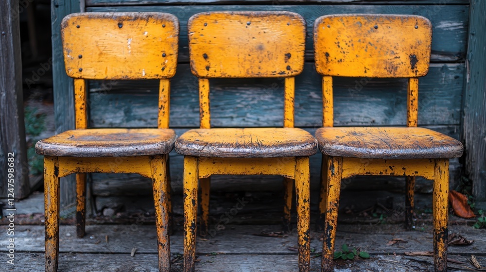 Poster three weathered yellow chairs arranged in a row against a rustic backdrop.