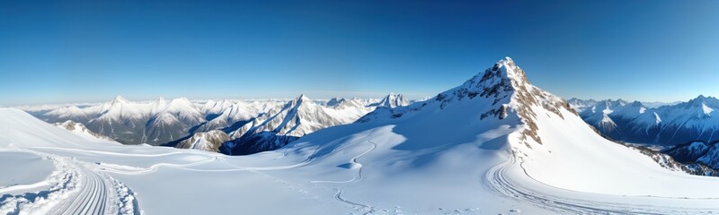Obraz premium Snowy mountain peak panorama in Alps. Ski tracks on slope. Clear blue sky. Scenic winter landscape. Winter sports, tourism. European Alps. Sunny day. Wonderful nature view. High elevation.