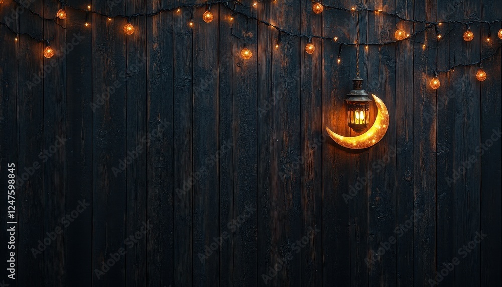 Poster crescent moon lantern with string lights on dark wooden background