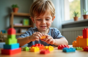 Child plays with colorful building blocks on table. Creating structures, imagination. Indoor setting suggests playroom home environment. Focuses on happy child developing creativity, fine motor