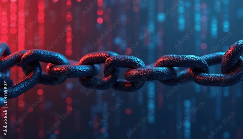 Poster digital chain link illustration in blue, red hues. abstract tech concept of security system data pro