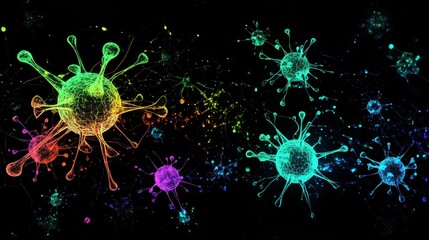 Obraz premium Fluorescent virus particles, imaginative representation of global disease containment. 