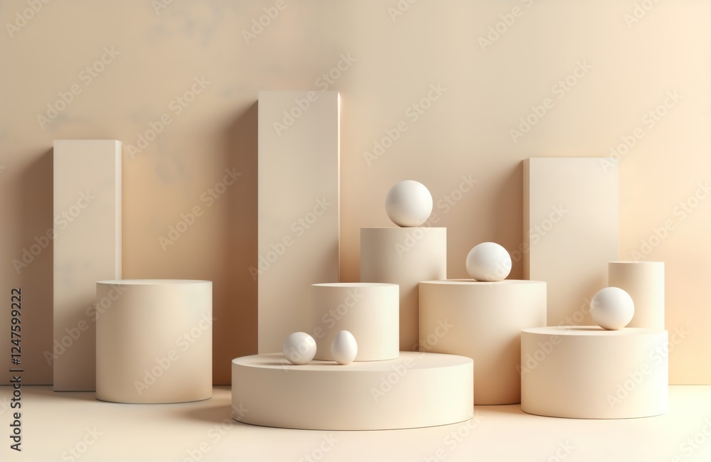 Poster beige 3d pedestal display with abstract geometric shapes. empty platform for product presentation. m