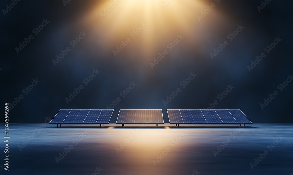 Poster solar panels illuminated by a dramatic light source on a dark background.