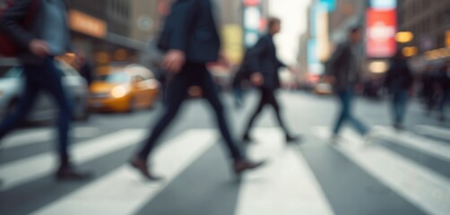 Busy New York City street scene shows people crossing pedestrian crossing. Motion blur suggests fast-paced urban life. Pedestrians hurry across crosswalk. Bright sunlight illuminates city. City