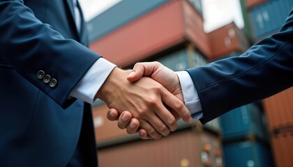 Two business people exchange handshake near shipping containers. Successful deal in logistics manufacturing sector. Commercial agreement contract signed. Global trade, business success. Modern