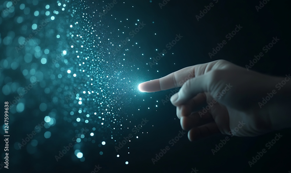 Poster A hand reaching out to touch sparkling particles in a dark background.