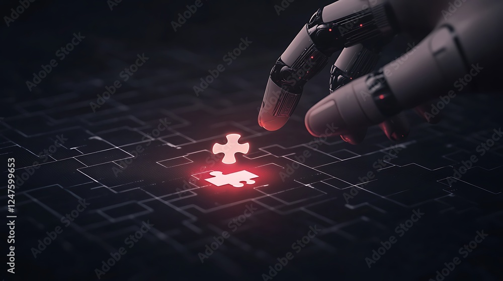 Poster a robotic hand places a glowing puzzle piece onto a digital grid in a dark environment.