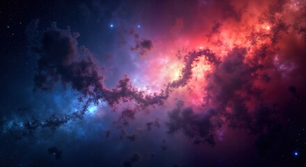 Naklejka premium Vast cosmos displays nebulae in vivid shades of purple blue, pink. Starry night sky with glowing clouds. Abstract space photo. Colorful galaxy with swirling patterns. Outer space background. Starry