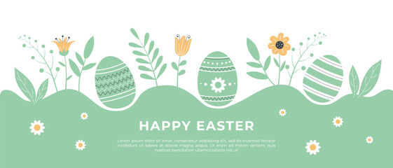Happy Easter banner with eggs and flowers, greeting card template, background. Vector illustration.
