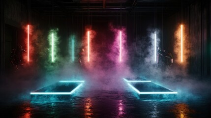 A striking scene of a futuristic room illuminated by colorful neon lights, where shadowed figures interact, showcasing a blend of modern technology and abstract ambiance.