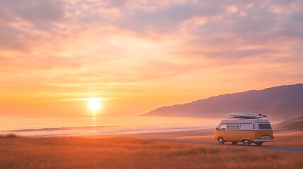 A vintage van parked on a beach at sunset, with golden hues reflecting on the water.