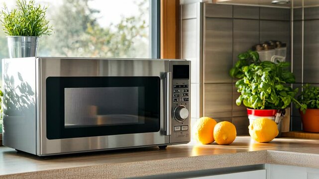 Stainless steel microwave on a kitchen countertop with fresh herbs and oranges at morning light