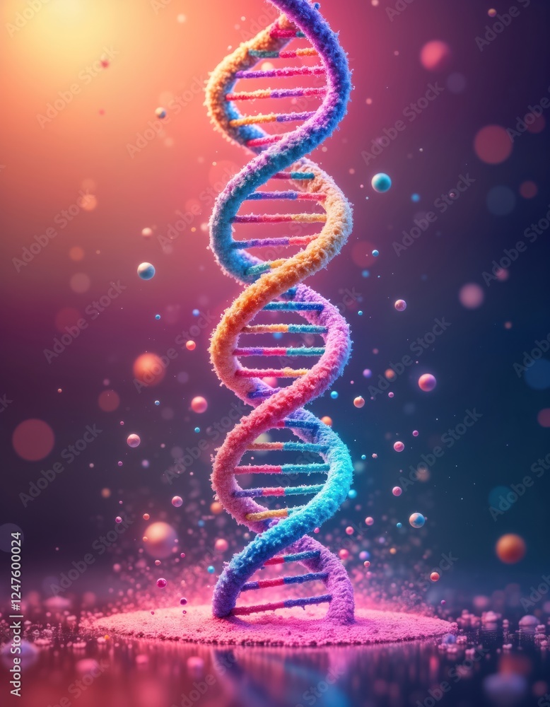 Poster multicolored dna spiral glows in vibrant abstract space. energetic dna structure floats in dynamic d