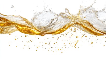 A dynamic splash of golden liquid against a white background, showcasing movement and texture.