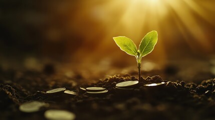 Naklejka premium Sustainable finance and investment concept with a plant sprouting from savings coins.