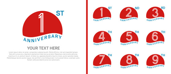 logo anniversary set. red color with half circle on white background for special event