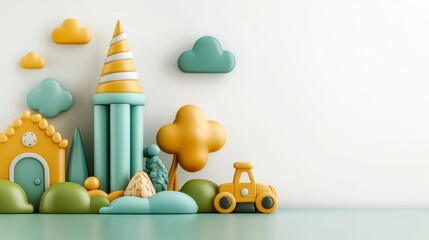 Playful Pastel Landscape: Whimsical 3D Render of Miniature Town and Rolling Hills Against Bright White Background, Featuring Cheerful Cartoonish Cloud