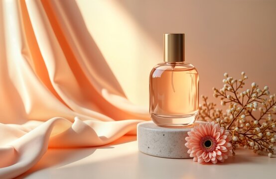 Elegant perfume bottle on round stone pedestal. Soft peachy background with draped fabric. Minimalist style. Floral accents. Product display. Sophisticated beauty product image. Trendy design for - Powered by Adobe