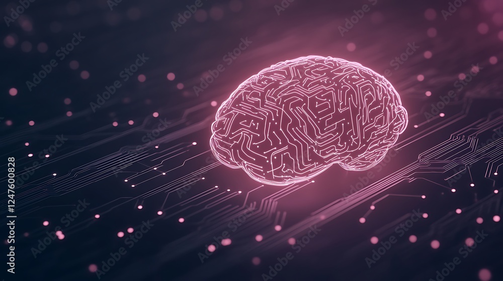 Aufkleber Digital representation of a glowing brain amidst abstract data lines and particles.