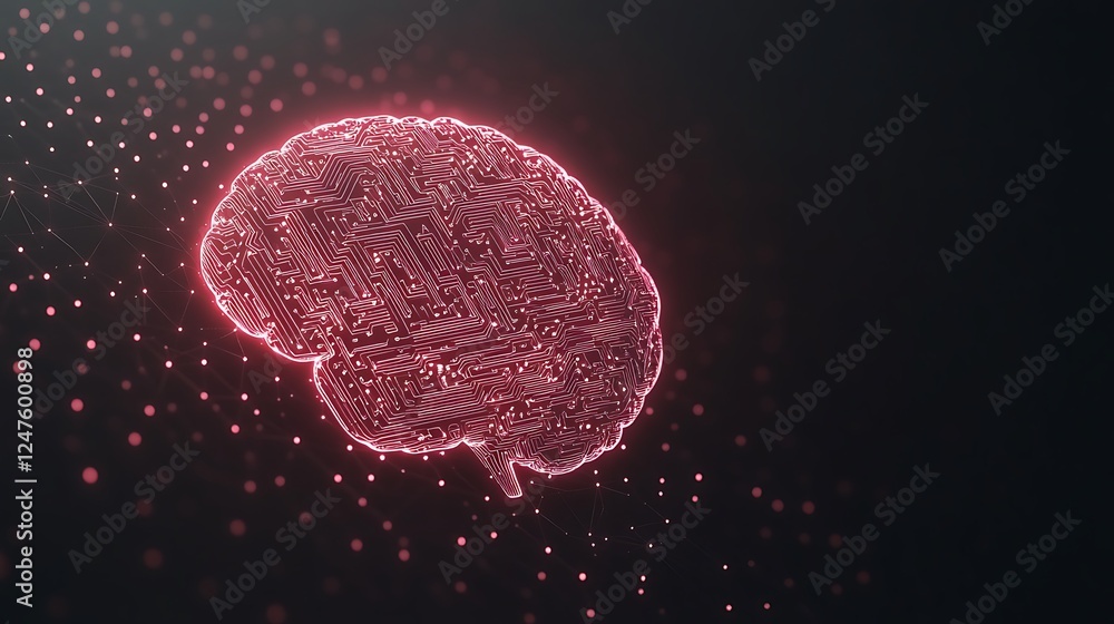 Poster illuminated digital brain illustration with glowing particles on a dark background.