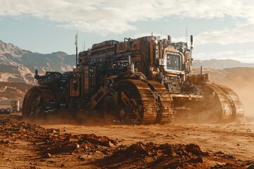 Fototapeta premium Heavy-duty futuristic vehicle navigating a rugged desert landscape with industrial precision.