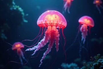 Obraz premium Glowing jellyfish pulsates, long tentacles shimmering , ethereal, oceanography