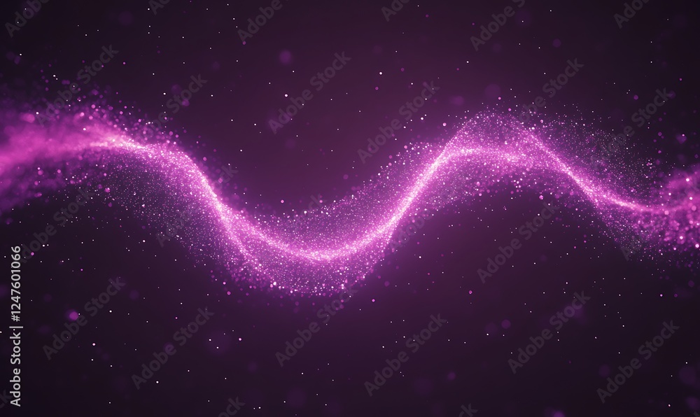 Poster abstract pink wave with sparkling particles on a dark background.