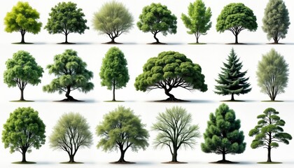 Collection of various trees isolated on white background. Diverse tree types showcase foliage, unique shapes. Ideal for design projects digital illustration. Natural green hues, suitable for eco