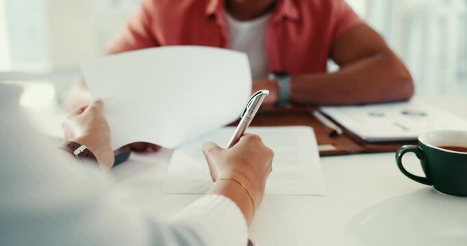 Business people, hands and sign paper in office for finance agreement, contract renewal and legalities. Insurance broker, client or documents in agency for policy update, application or register form