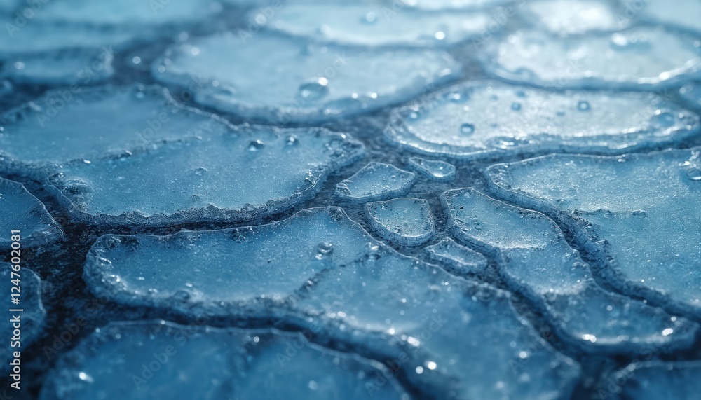 Poster closeup view of fractured ice patterns. transparent icy surface with textured pattern of cracks, air
