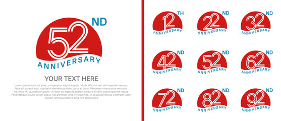 logo anniversary set. red color with half circle on white background for special event