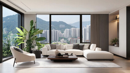 Modern Minimalist Living Room with White Sofa, Plants, and Natural Light