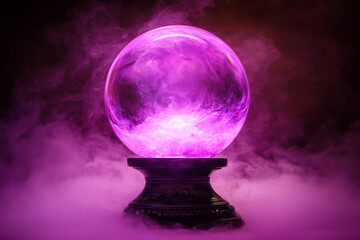 Enchanted purple crystal ball with a magical and mysterious glow and misty ambiance