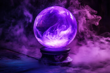 Enchanted purple crystal ball with a magical and mysterious glow and misty ambiance