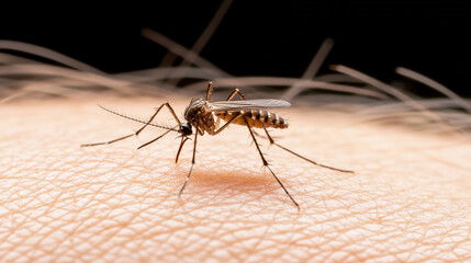 Tiger mosquito (Aedes albopictus) ready to bite human skin