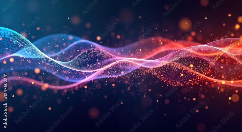 Poster abstract digital design with colourful lines, dots. dynamic data flow pattern. futuristic concept of