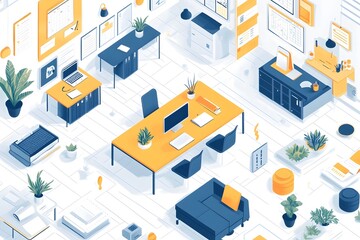 Obraz premium Cozy and Modern Isometric Office Workspace with Ergonomic Furniture and Productivity Tools