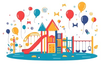 Fototapeta premium Vibrant Playground with Colorful Kids Equipment and Balloons