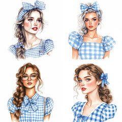 Obraz premium Blue Gingham Retro Women Set | Vintage Clipart Vector Illustration
