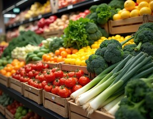 Fresh produce overflowing in supermarket. Colorful vegetables, fruits arranged in wooden crates. Various kinds of tomatoes peppers broccoli leeks fill shelves. Healthy food choices in store. Vibrant